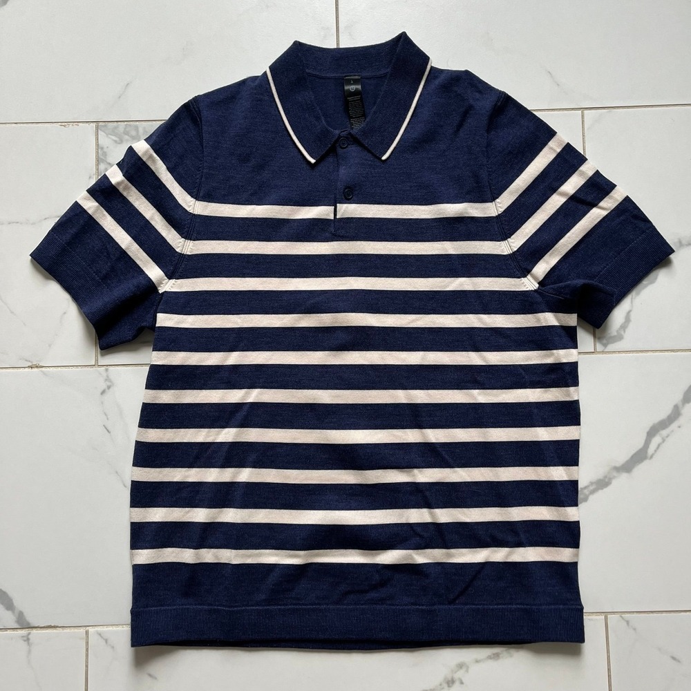 Lululemon New Venture Short-Sleeve Knit Polo Shirt navy white stripe sz large